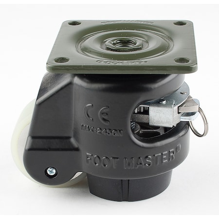 Foot Master Leveling Caster, Ratchet, 50 mm PU Wheel, 73x73 mm Plate, Swivel, 250 kg Cap, NBR Foot Pad, Black GDR-60-F-HUP-FBL